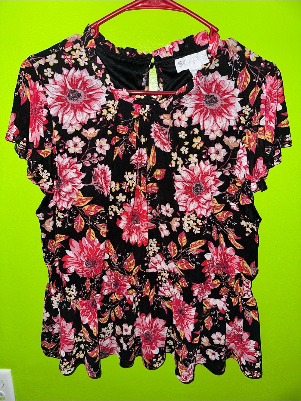 Women's Black Floral Ruffle Sleeve Peplum Top - Unbranded